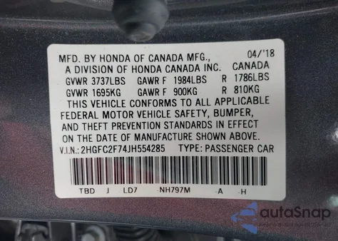 2018 Honda Civic Ex z USA, uszkodzony, nr VIN 2HGFC2F74JH554285